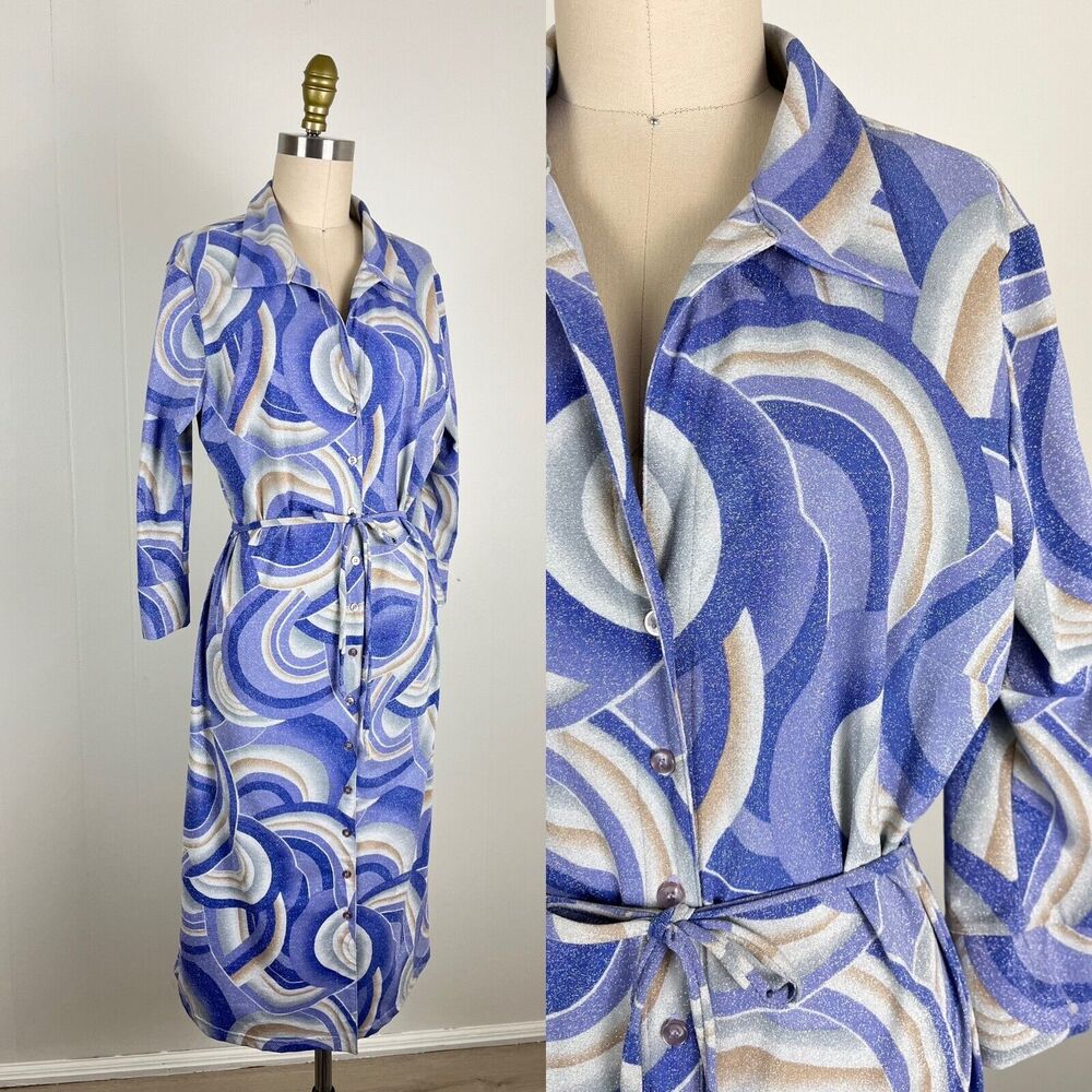 Vintage 90s Y2K Bebe Metallic Purple Shirt Dress Large‎ Cyber Midi Stretch